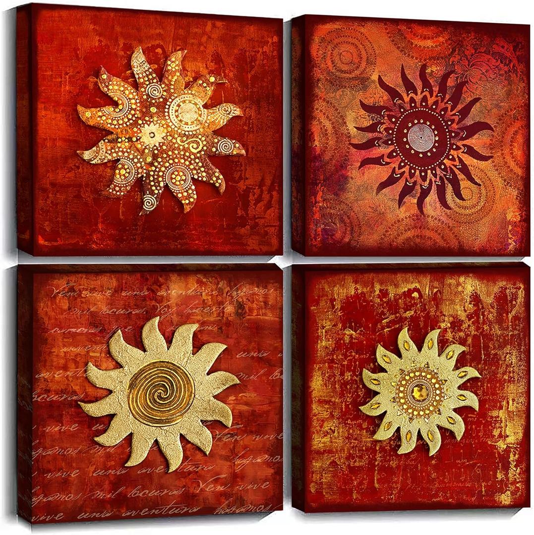 Vintage Flowers Pattern Canvas Prints Wall Art for Bathroom 4 Piece Framed Artwork Abstract Red Sunflower Picture Ready to Hang for Home Decoration 12x12