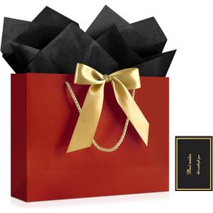 JMANNI 1PCS Large Gift Bag with Ribbon and 1 Greeting Card 2 Tissue Papers, Portable Paper Gift Bag with Handles, Birthday Gift Bags,Present Bags for Wedding Party,Mothers Day12.6" x 9.8" x 3.9"(Red)