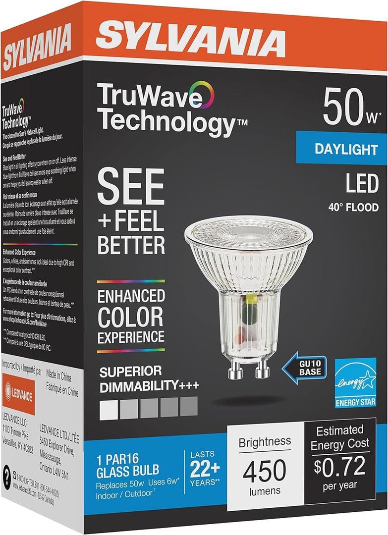 Sylvania LED TruWave Natural Series PAR16 Light Bulb, 50W Equivalent Efficient 6W, GU10 Bi-Pin Base, Dimmable, 5000K, Daylight - 1 Pack (40933)