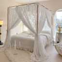 Elegant Lace Princess 4 Corner Post Mosquito Net Romantic for Girls Women Bed Curtain Canopy for Adults Wedding Bedroom Kids Rooms Decoration (Beige-White-1, Queen)