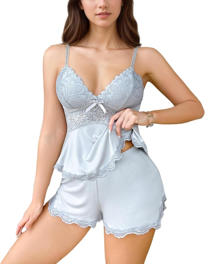 Sexy Pajama Set for Women PJS Sets Lace Cami Set Modal Sleepwear Set with Shorts Lingerie Set V-Neck, Size: XL (Gray)