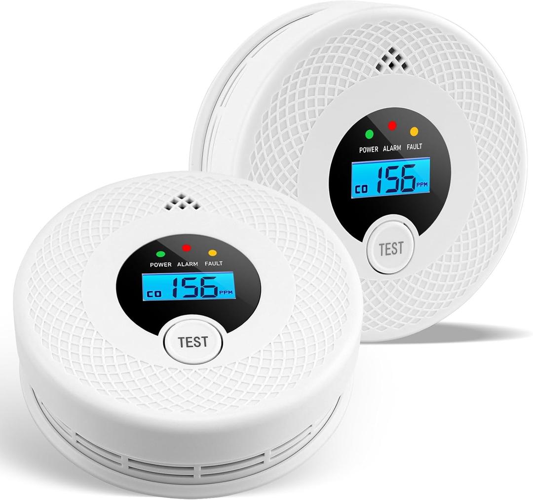 2 Pack Smoke Detector Carbon Monoxide Detector Combo with LED Indicator Lights, LCD Display & 85dB Alarm, Battery-Operated Smoke Alarm and CO Detector for Home, Kitchen, Basement, Bedroom, Office