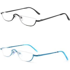 Half Frame Reading Glasses, Half Metal Moon Readers for Women Men 2 Pairs 1.25 ((Black,Blue))