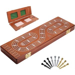 Cribbage Board Game Set 3 Tracks, Plusvivo Solid Oak Wood Cribbage Boards Unique with 9 Metal Pegs & 2 Storage Area, 15.5 X 4.9 X 1.2 in Travel Portable Cribbage Game Sets for Family (Brown)