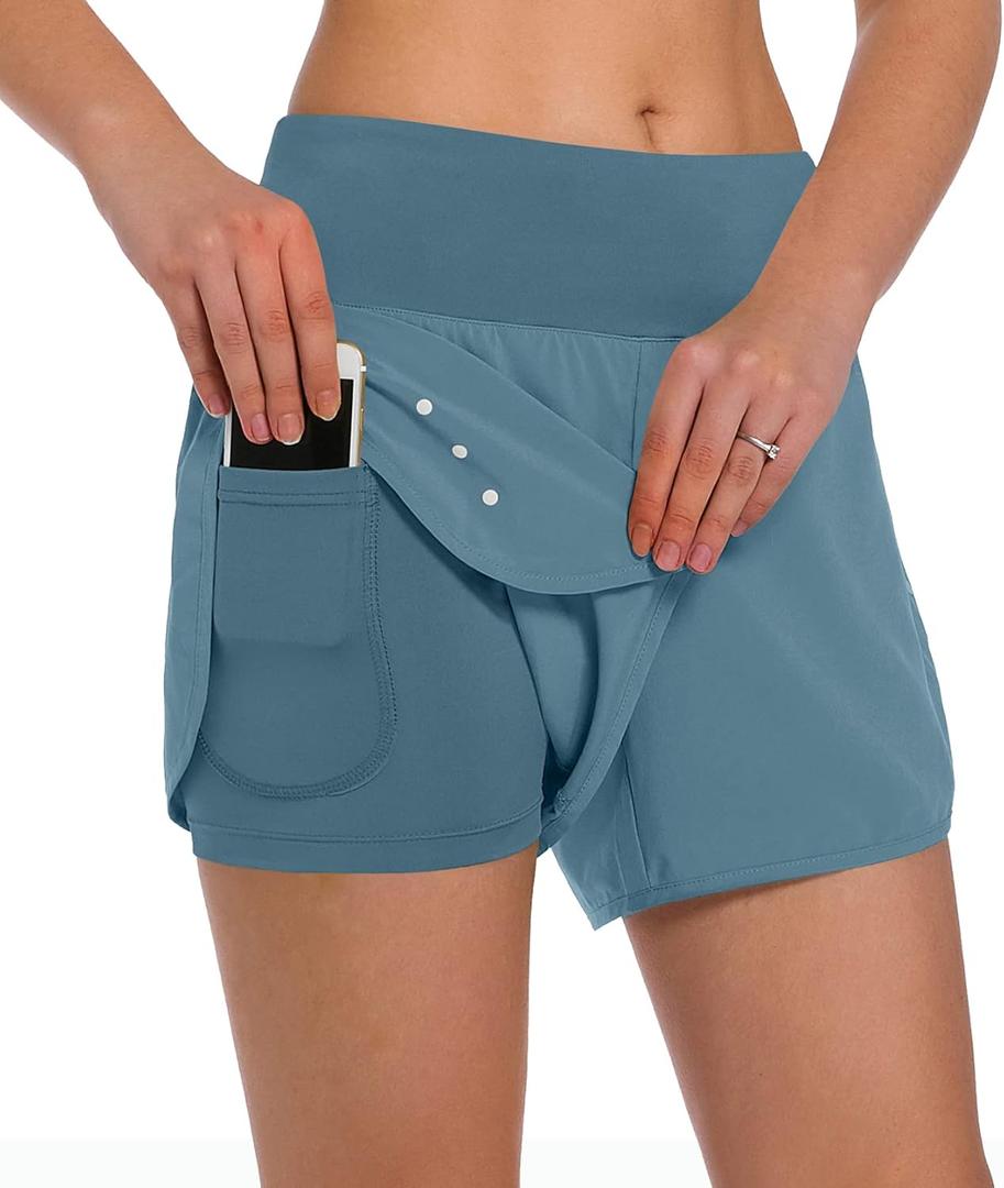 Ksmien Women's 2 in 1 Running Shorts - Lightweight Athletic Workout Gym Yoga Shorts Liner with Phone Pockets (Medium, Denim Blue)
