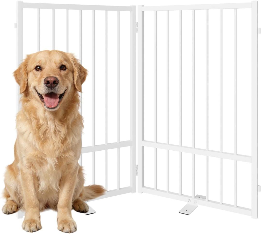 Full Metal Freestanding Dog Gate with Door, 32''Height Foldable Pet Dog Fence for Indoor & Outdoor, 2 Panels Extra Wide Free Standing TallDog Gates for Doorways,House,Stairs,Porch,Deck,Yard (White)
