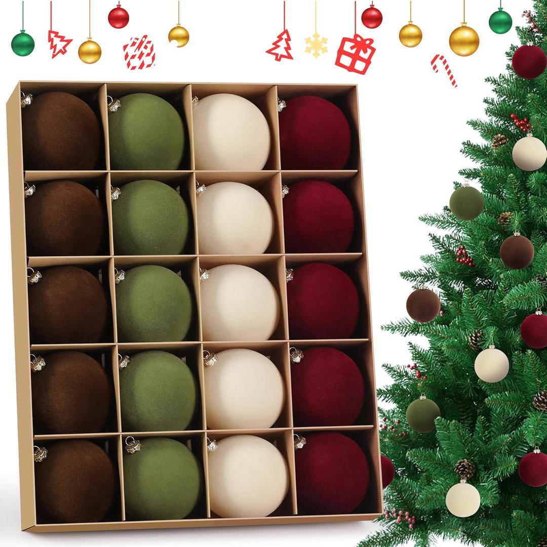 DazSpirit 20-Pack Flocked Velvet Christmas Ball Ornaments, 3.15"/8cm Decorative Hanging Baubles, Shatterproof Plastic Holiday Home Decoration Balls for Xmas Tree, Wreath, Garland, Mixed Color