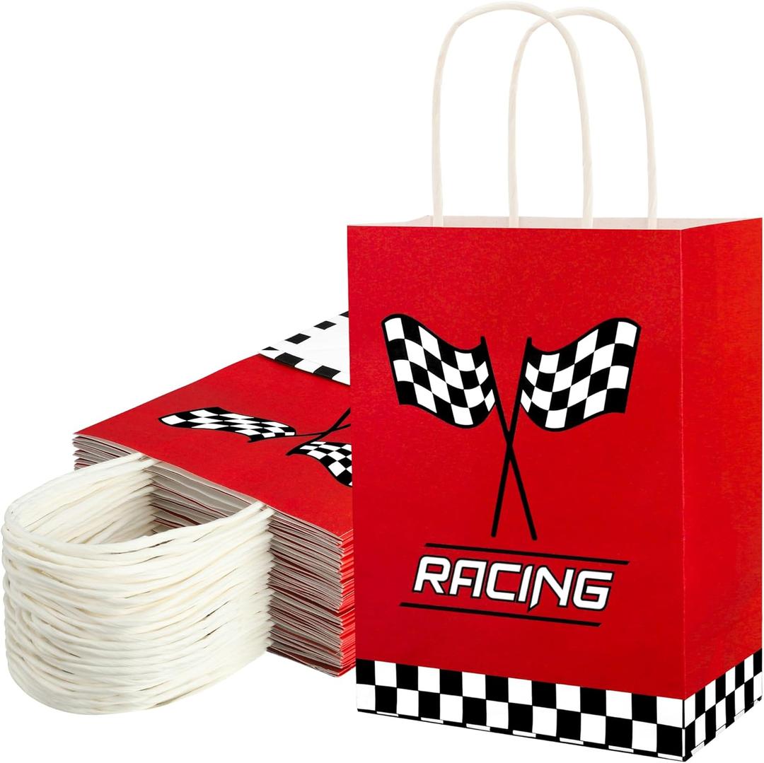 24 PCS Race Car Gift Bags Checkered Racing Flag Treat Bags Race Car Themed Party Favors Goodie Candy Paper Bag with Handles for Racing Themed Birthday Party Supplies