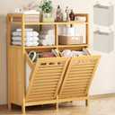 Homykic Tilt Out Laundry Hamper Cabinet, Bamboo Double Laundry Hamper with 2 Removable Laundry Baskets, 20 Gal Laundry Sorter Organizer with Shelf for Dirty Clothes, Bathroom, Laundry Room, Natural, Large