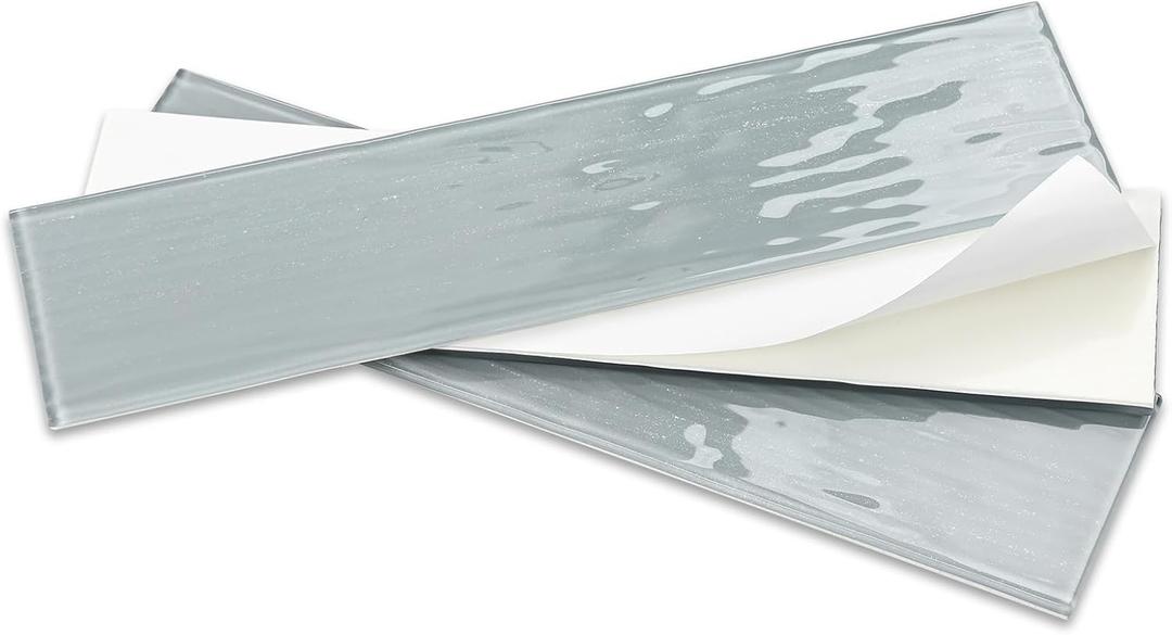 Peel and Stick Glass Subway Tile 3 x 12 Inch Gray Pearl Glass Tiles for Backsplash Kitchen Bathroom Wall Pack of 20Pcs