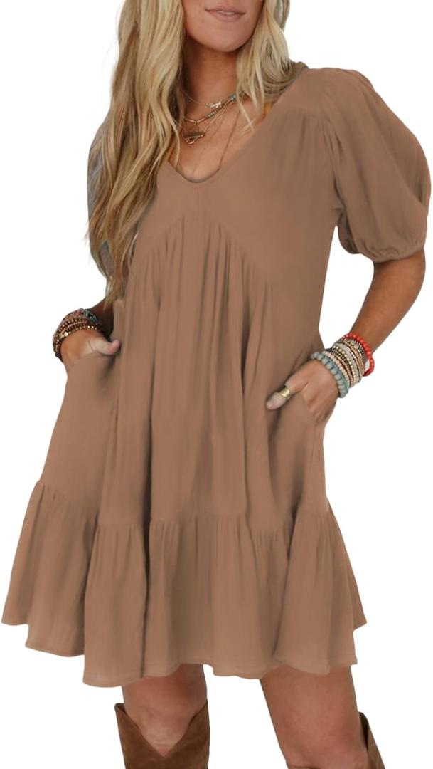 Acelitt Women's Summer Dresses 2025 Beach Casual Deep V Neck Loose Sundress Short Sleeve Mini Dress (Large, Brown)