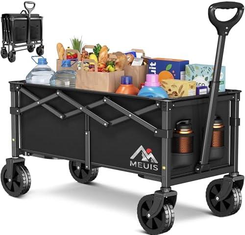 MEUIS Collapsible Wagon Cart with Wheels - 300LBS Heavy Duty Folding Wagon for Groceries Shopping Outdoor Apartment Portable Foldable Utility Grocery Trolley, Black, XL