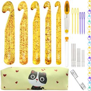 43 Pcs Large Crochet Hooks Set,12mm 15mm 18mm 20mm 25mm Large Crochet Hooks for Chunky Yarn,Plastic Crystal Smooth Big Crochet Needles for Handmade DIY Crochet with Storage Bag (Yellow)