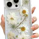 for iPhone 13 Pro Clear Case with Pressed Real Flowers Design,Glitter Cute White Floral Pattern Slim Soft TPU Protective Women Girl's Phone Cover for iPhone 13 Pro