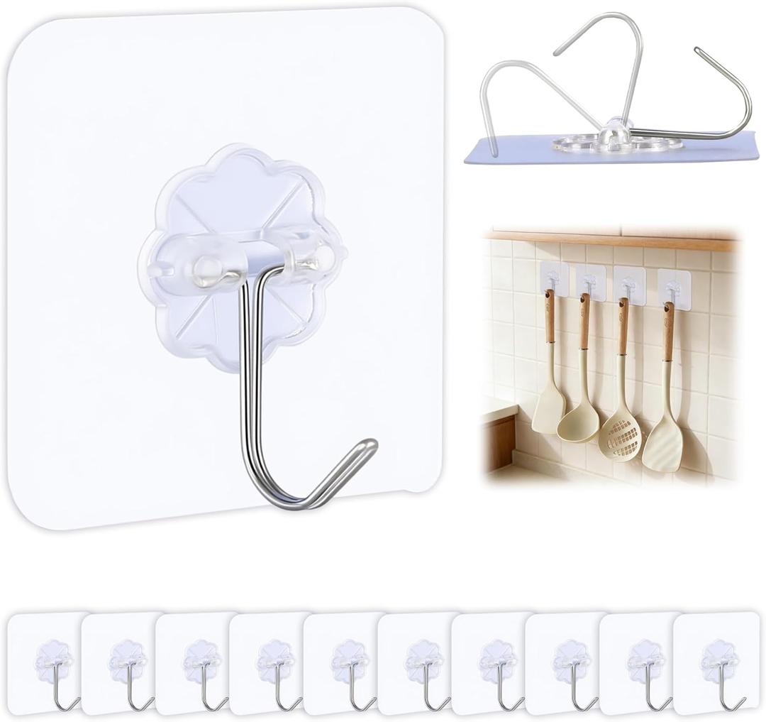 3 x Heavy Duty Adhesive Hooks for Hanging, Waterproof Bathroom Towel Hooks, Stainless Steel Wall Mount & Door Hooks, Clear Sticky Hooks for Coats, Towels, Bags, No Drilling (10PC)