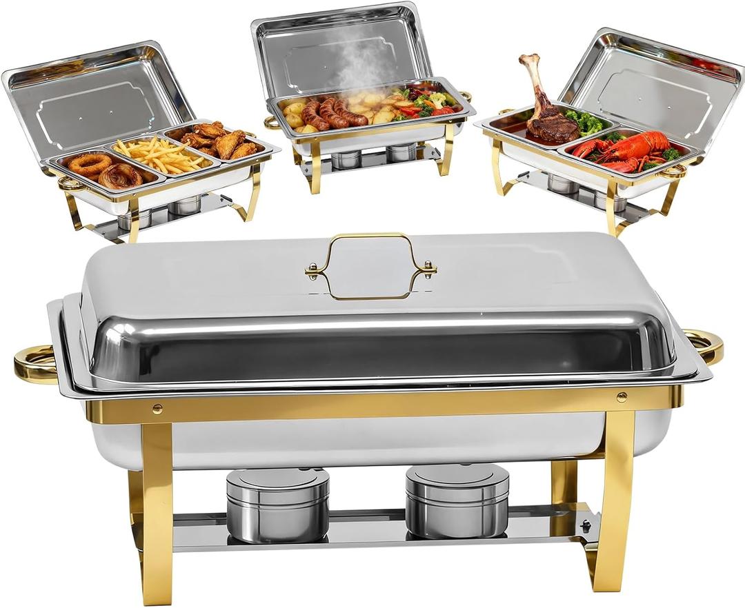 9Qt Chafing Dishes for Buffet, 4 Pack Gold 304 Stainless Steel Chafing Dish Sets, Complete Buffet Server and Warmers Set with Multiple Size Pans for Parties