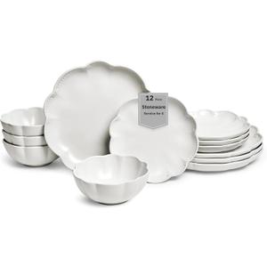 Sango 12 Pieces Scalloped Dinnerware Set, Modern White Dishes for 4, Premium Serving Plates & Bowls Sets, Chip & Scratch Resistant, Ceramic Dishware, Kitchen Dish, Microwave & Dishwasher Safe, Bethany