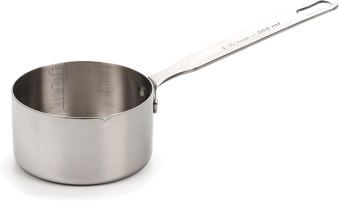 RSVP International Endurance Stainless Steel Measuring Pan Scoop, 1 1/2 Cups | Dry or Liquid | Baking or Cooking | Perfect for Feeding Pets, Cat Dog Food, Bird Seed, etc. | Dishwasher Safe 