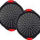 13 Inch Pizza Pan for Oven (2 Pack) Round Pizza Pan with Holes - Non-Stick Carbon Steel Pizza Tray with Silicone Handles - for Cooking, Baking, and Grilling - Dishwasher Safe