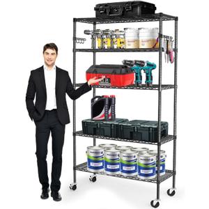 YNN Storage Shelves,1750Lbs 5 Tier Heavy Duty Metal Rolling Shelving Unit with Wheels & 8 Hooks, Adjustable Garage Wire Rack for Kitchen, Bathroom,Industrial,Pantry(36" W x 14" D x 72" H,Black)