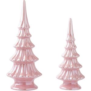 Ceramic Pink Christmas Tree, Set of 2 Decorative Xmas Tree for Table Centerpiece Decorations, Indoor Mantel Fireplace Holiday Decor
