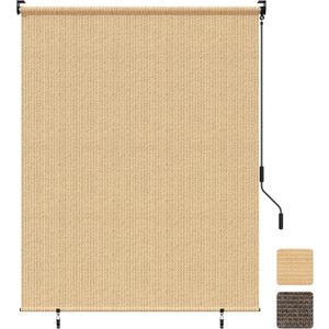 Grandekor Outdoor Roller Shade,8' W x 8' H,Patio Roll Up Shade Cordless,Outdoor Privacy Screen with 220GSM HDPE Aluminum,Wand Operation,Exterior Roller Shade Cloth for Porch Gazebo Backyard,Khaki, 96"W x 96"H