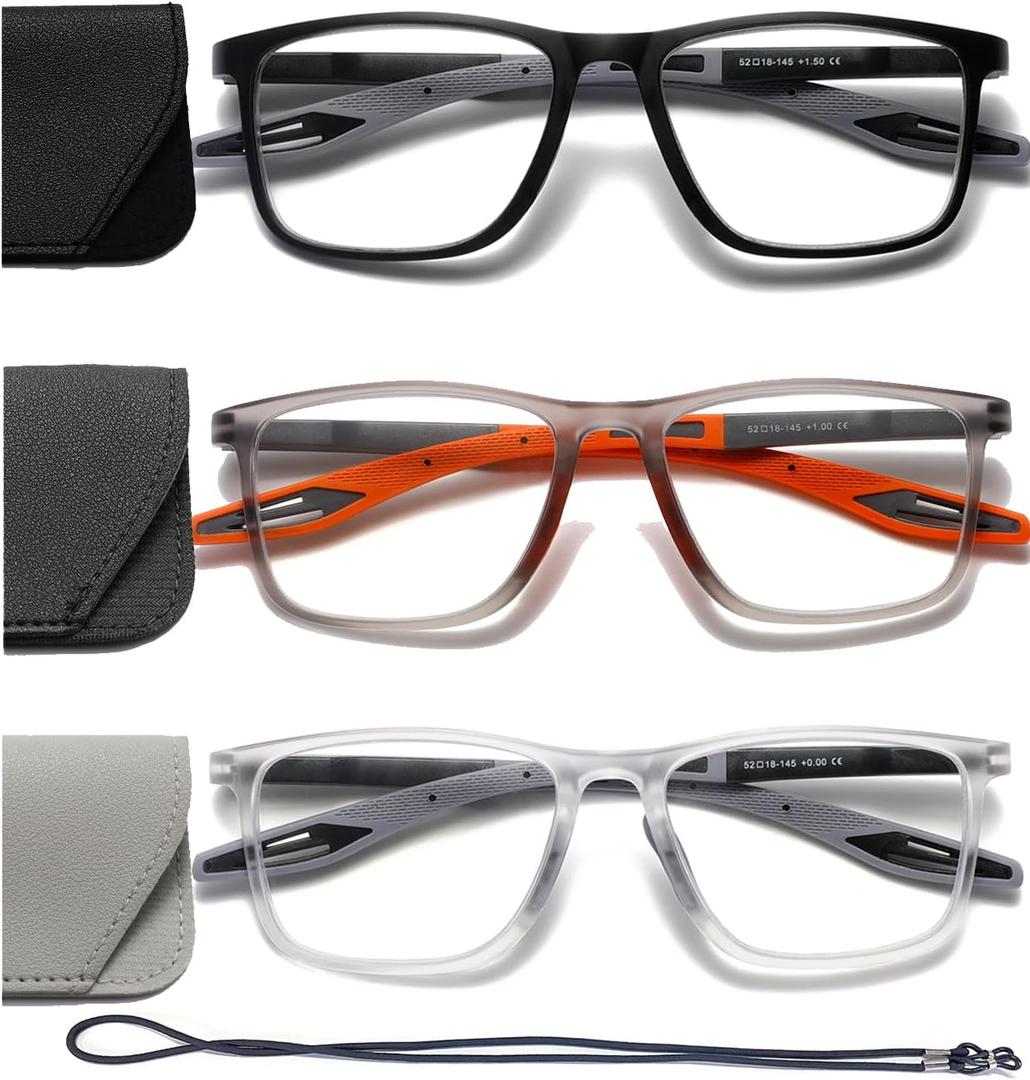 Hubeye TR90 Sports Reading Glasses for Men and Women Ultralight Flexible Anti-Blue Light ReadersBlack+Grey+Orange+3.5