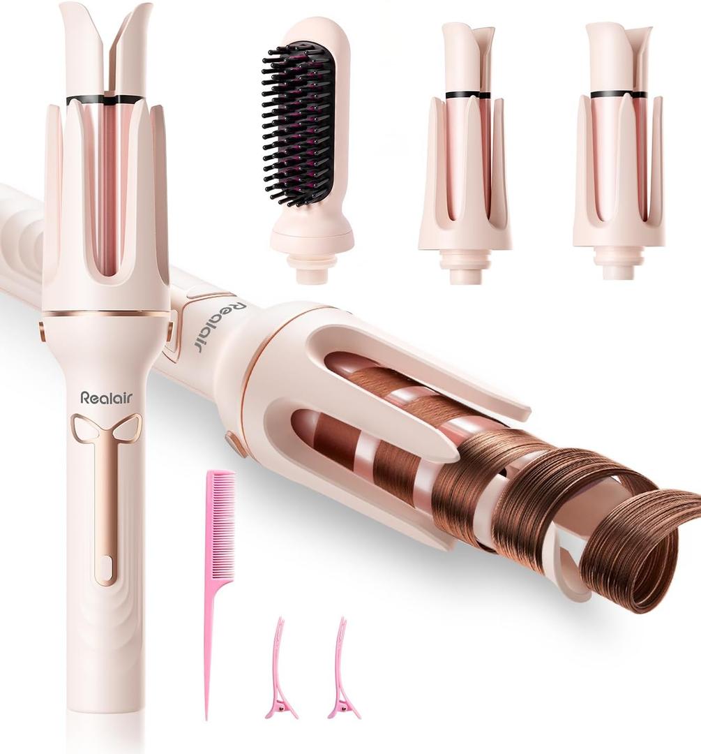 Auto Hair Curler, 3-in-1 Automatic Curling Iron & Brush Set, 1" & 1.25" Interchangeable Rotating Barrels, Anti-Scald & Anti-Tangle Wand for Hair Styling, Auto Shut-Off, Dual Voltage, Pink