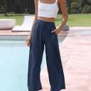 Faleave Women's Cotton Linen Summer Palazzo Pants Flowy Wide Leg Beach Trousers with Pockets (Blue, L)