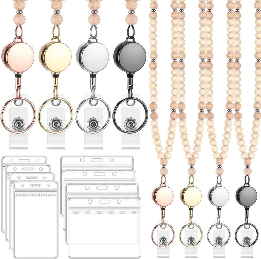 Geyoga 4 Set Beaded Lanyards for ID Badges Women Retractable Lanyards for Keys Cute Teacher Lanyard with ID Holder Retractable Badge Reel Wooden Beaded Keychain Lanyard Appreciation Gifts