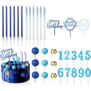 Yerliker 34 Pcs Happy Birthday Cake Toppers Decorations Birthday Candles DIY Cake Decor for Men Women Wedding Anniversary(Navy Blue)