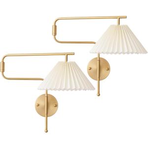 Gold Swing Arm Wall Sconce Set of 2,Plug in Wall Sconces with White Pleated Fabric Shade, Hardwired Wall Light Fixtures with Dimmable Switch for Bedroom Bedside, Living Room, House Reading