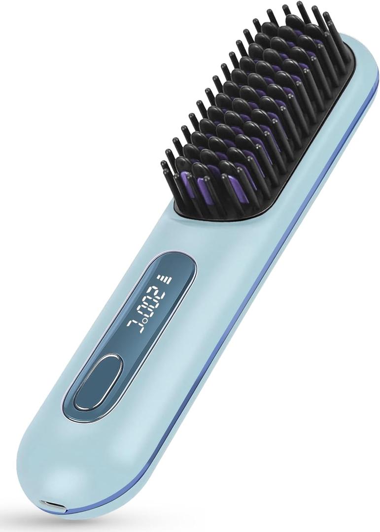 Go Brush Pro - 2025 Upgrade Portable Straightener Brush for Travel, Cordless Hair Straightener Comb for Women, Blue