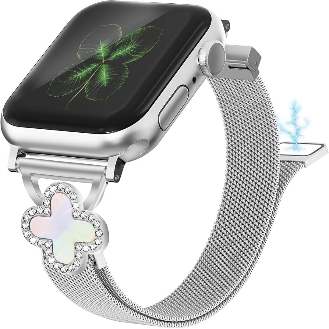 Joyozy Slim Metal Band Compatible with Apple Watch Band 38mm 40mm 41mm 42mm 44mm 45mm 46mm 49mm Skinny Magnetic Strap with Bling Charms, Cute Stainless Steel Band, Dressy Thin iWatch Bracelet for Women (Silver)