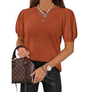 ATHMILE Women's Puff Short Sleeve Sweater Tops 2026 Spring Summer Trendy Crew Neck Cute Casual T Shirts Blouses, XL