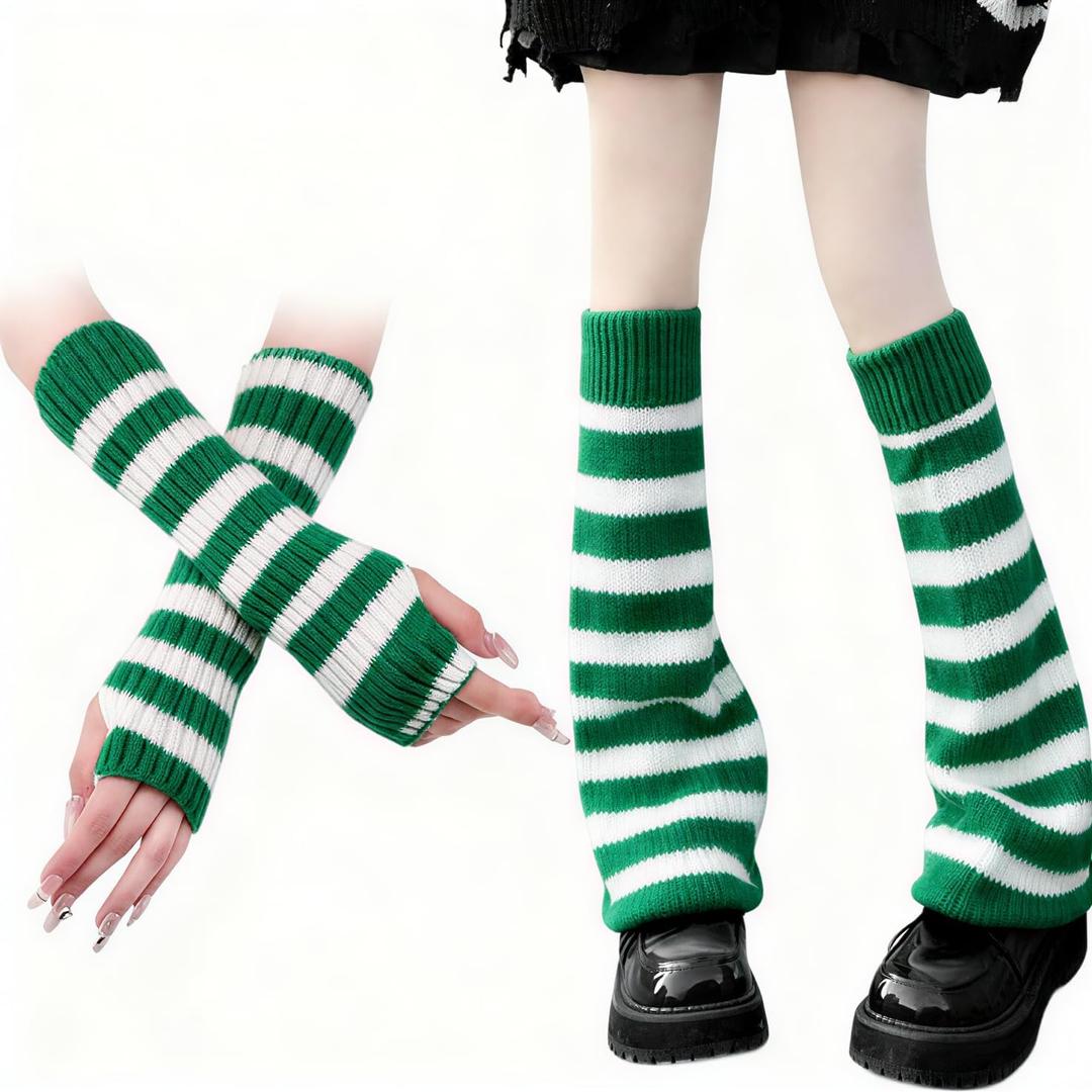 Leg Warmers for Girls Striped Arm Warmers Knitted Kawaii Striped Legs and Arm Warmers Set Accessories Women (White and Green)