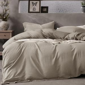 JELLYMONI Cotton Duvet Cover Queen Size - Taupe Comforter Cover with Button 100% Washed Cotton 3PCS Breathable Soft Solid Bedding Set Duvet Cover 9090in & 2 Pillowcases (NO Comforter)
