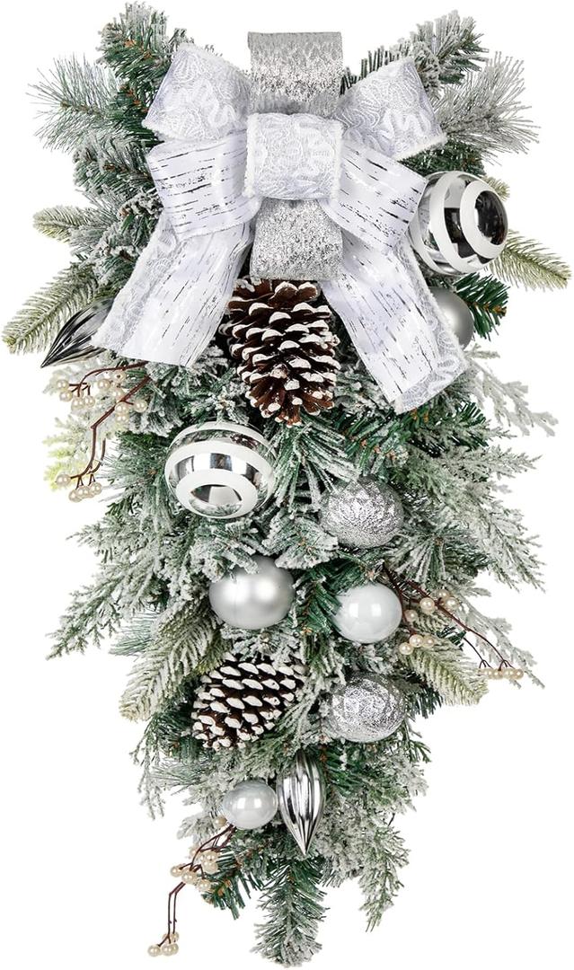 30" Christmas Teardrop Swag for Front Door Artificial Winter Swag Garland with Pine Cones, Berry Clusters, White Ball Ornaments and Ribbons for Thanksgiving Holiday Christmas Decoration