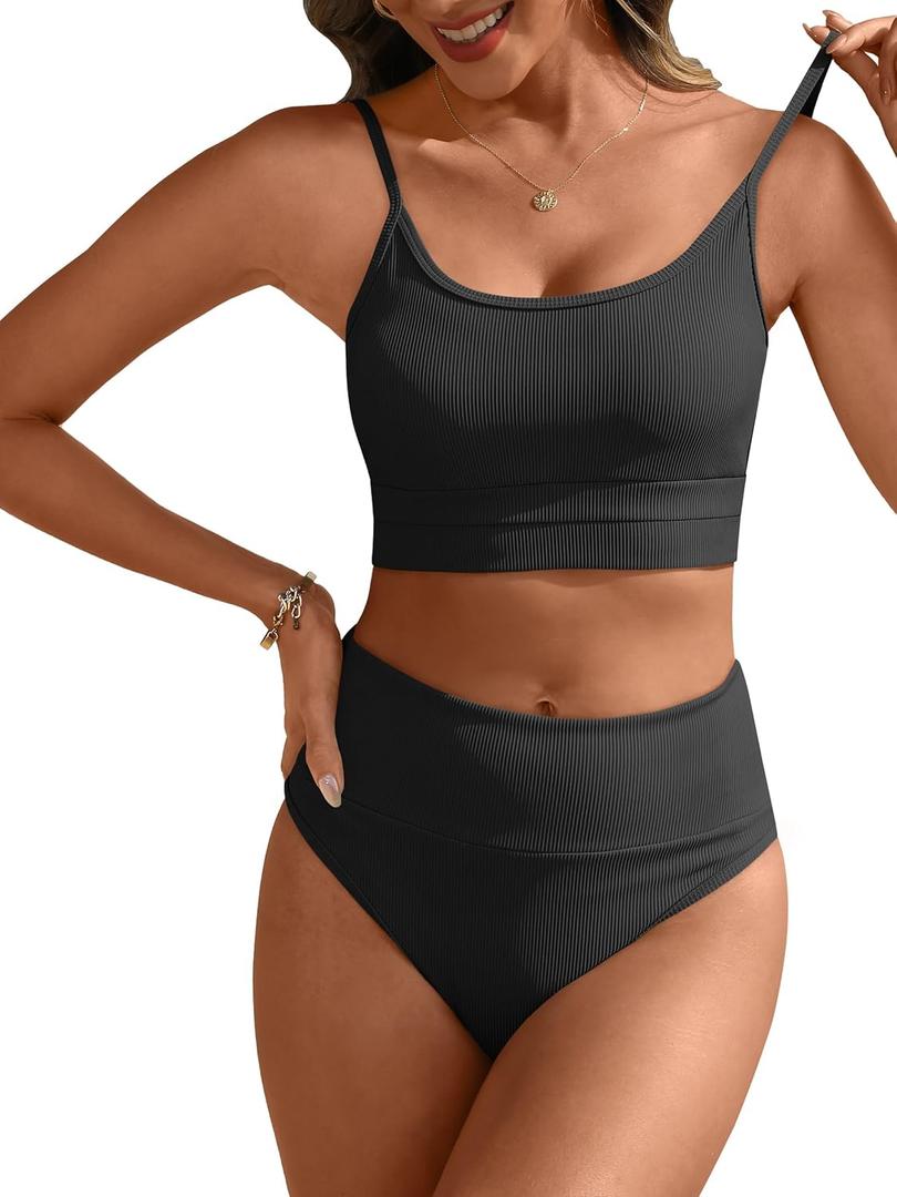 ANRABESS Women High Waisted Bikini Sets Color Block Summer Beach Vacation 2 Piece Bathing Suit Tummy Control Ribbed Swimsuit (Small, Black)