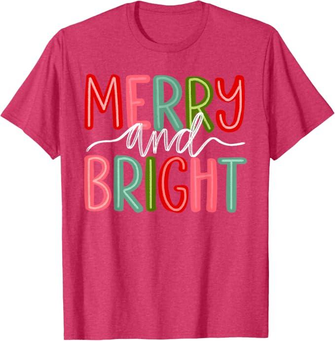 Retro Merry and Bright Christmas Holiday Xmas Family Pajamas T-Shirt Small