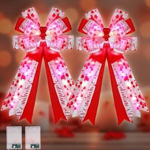 Liliful 1 Pcs Lighted Valentine's Day Bows, 20'' x 11'' Burlap Pink Red Valentines Tree Topper with Heart Decorations, Valentine's Day Wreath Bows for Front Door Porch Fireplace Fence Party Wall Decor
