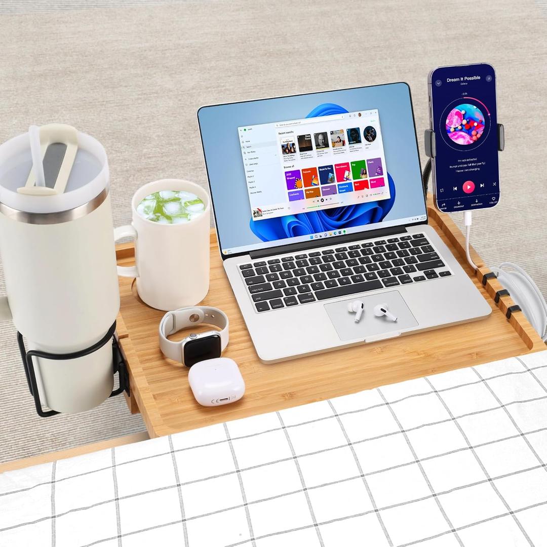 Bedside Shelf for Dorm Bed & Top Bunk, Bamboo Bed Side Table Tray with Cup Phone Holder & Hooks, Bedside Caddy, Clip on Nightstand Bedside Storage College Dorm Room Essentials (Bamboo-1)