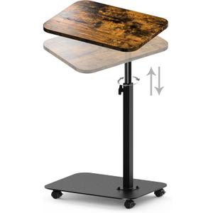 TV Tray Table Heavy Metal Base with Wheel Swivel/Adjustable Height Couch Table, Sofa Arm End Side Table for Living Room and Bedroom, Bed or Small Spaces (11.8*15.7 in, Brown)