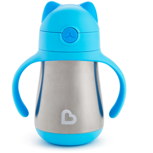 Munchkin Cool Cat Sippy Cup with Straw for Toddlers, Stainless Steel Straw Cup, 8 Ounce, Blue