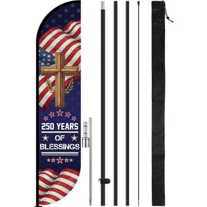 Tingjoo 15FT 250th Anniversary Feather Flag Pole Kit for Outdoor Patriotic Cross American Flag Feather Banner with Fiberglass Pole Kit and Ground Spike for Outdoor Event Planning