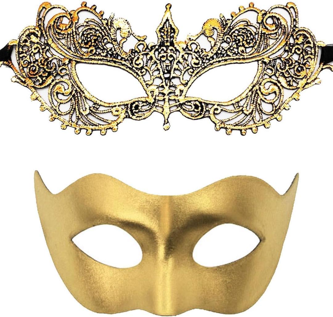 Couple Masquerade Lace Mask Set, Fit for Women and Men Venetian Halloween Masks, Specially for Costume, Mardi Gras (Gold)