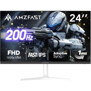 Amzfast 24 Inch Gaming Monitor 200Hz FHD 1080p Fast IPS Computer Monitor, 110% sRGB 1ms HDR Support Adaptive Sync, Eye Care VESA Mount HDMI 2.0 | Display Port 1.4 White Monitor, AMZG24X1W