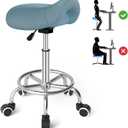 YEEZEE Saddle Stool Ergonomic- Comfortable Rolling Saddle Stool with Wide Thick Saddle Seat Padding, Swivel Adjustable Saddle Chair with Wheels and Ring Pedal for Medical Massage Salon (Blue)