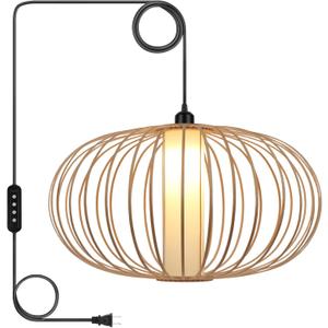 LALISU Plug-in Pendant Light Rattan Hanging Lamp, Boho Hanging Lights with Woven Lampshade, 3-Way Dimmable & Timmer Setting Ceiling Light Fixture for Living Room, Bedroom, Farmhouse (Bamboo Round)