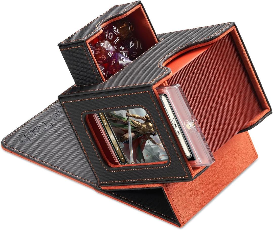 Card Deck Box for MTG Commander - Patented Design, Commander Display, Fits 100 Double-Sleeved Cards, 35pt Card Brick & Dice Tray - Grey/Orange
